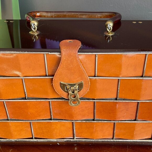 Vintage Dorset-Rex Fifth Ave Woven Leather Basket Lucite Box Purse Handbag MCM - Picture 8 of 10